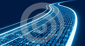 Digital stream of blue binary code data flows flowing like a river, representing data, technology, Abstract digital technology