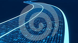 Digital stream of blue binary code data flows flowing like a river, representing data, technology, Abstract digital technology