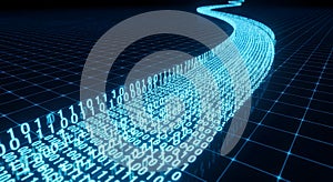 Digital stream of blue binary code data flows flowing like a river, representing data, technology, Abstract digital technology