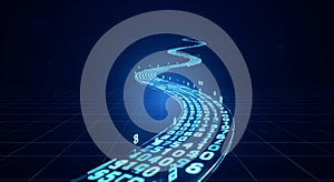 Digital stream of blue binary code data flows flowing like a river, representing data, technology, Abstract digital technology