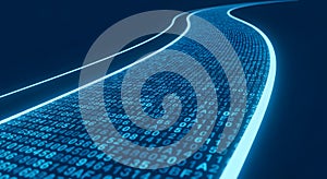 Digital stream of blue binary code data flows flowing like a river, representing data, technology, Abstract digital technology
