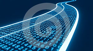 Digital stream of blue binary code data flows flowing like a river, representing data, technology, Abstract digital technology