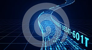 Digital stream of blue binary code data flows flowing like a river, representing data, technology, Abstract digital technology