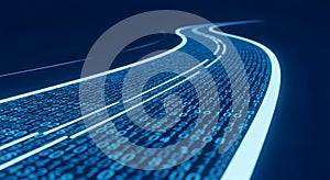 Digital stream of blue binary code data flows flowing like a river, representing data, technology, Abstract digital technology