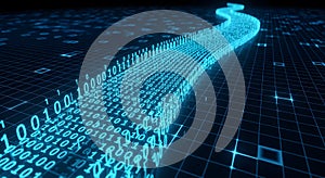 Digital stream of blue binary code data flows flowing like a river, representing data, technology, Abstract digital technology