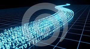Digital stream of green binary code data flows flowing like a river, representing data, technology, Abstract digital technology