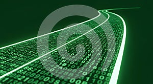 Digital stream of green binary code data flows flowing like a river, representing data, technology, Abstract digital technology