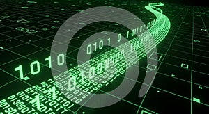 Digital stream of green binary code data flows flowing like a river, representing data, technology, Abstract digital technology