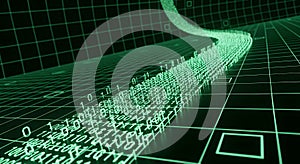 Digital stream of green binary code data flows flowing like a river, representing data, technology, Abstract digital technology