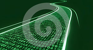 Digital stream of green binary code data flows flowing like a river, representing data, technology, Abstract digital technology