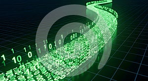Digital stream of green binary code data flows flowing like a river, representing data, technology, Abstract digital technology