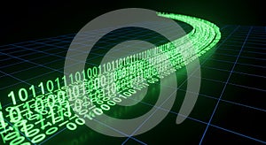 Digital stream of green binary code data flows flowing like a river, representing data, technology, Abstract digital technology