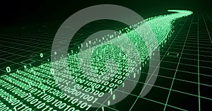 Digital stream of green binary code data flows flowing like a river, representing data, technology, Abstract digital technology