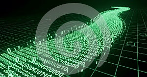 Digital stream of green binary code data flows flowing like a river, representing data, technology, Abstract digital technology