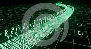 Digital stream of green binary code data flows flowing like a river, representing data, technology, Abstract digital technology