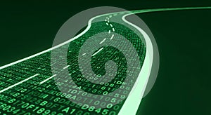 Digital stream of green binary code data flows flowing like a river, representing data, technology, Abstract digital technology