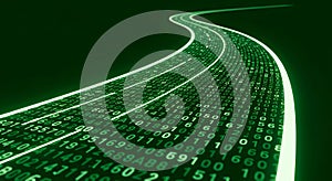 Digital stream of green binary code data flows flowing like a river, representing data, technology, Abstract digital technology