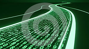 Digital stream of green binary code data flows flowing like a river, representing data, technology, Abstract digital technology