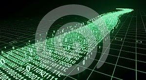 Digital stream of green binary code data flows flowing like a river, representing data, technology, Abstract digital technology