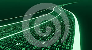 Digital stream of green binary code data flows flowing like a river, representing data, technology, Abstract digital technology