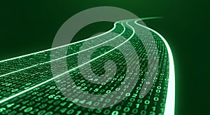Digital stream of green binary code data flows flowing like a river, representing data, technology, Abstract digital technology