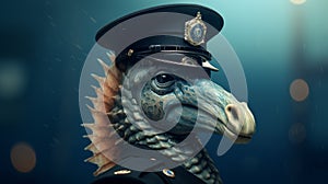 Digital Surrealism: Avian-themed Dinosaur Police Officer In Photorealistic Style