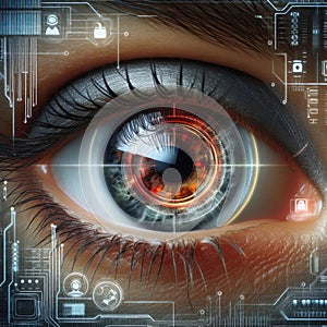 Digital surveillance concept. Closeup of human eye with digital chip iris.