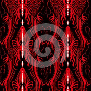 Digital Symmetry: Red Monster Design On Black Fabric