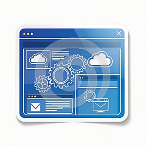 Digital system management interface with cloud computing, gear icons, and communication elements