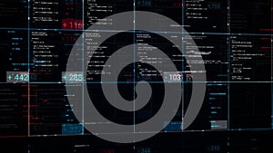 Digital table with data and numbers on black backgroun. Animation. Business table with statistics and indicators in