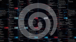 Digital table with data and numbers on black backgroun. Animation. Business table with statistics and indicators in