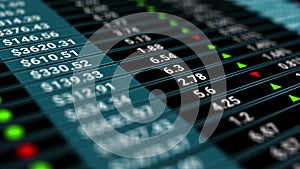 Digital tableau of stock market values, companies indexes evolving, growing and or shrinking. Charts with data analysis