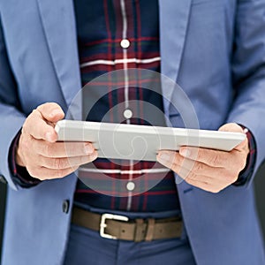 Digital tablet, business and hands of person in office for networking, planning schedule or project management. Closeup