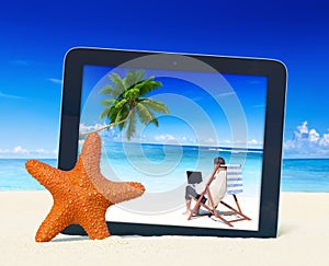 Digital Tablet with Businessman Working on the Beach Concept