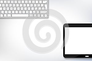 DIGITAL TABLET AND COMPUTER KEYBOARD CONCEPT - 3D render with copy space