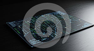 A digital tablet display showcases a complex network diagram against a dark