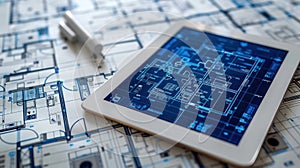 Digital Tablet Displaying BIM Software with Blueprint Background