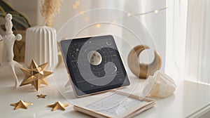 Digital tablet displaying celestial chart on white books with gold decor items and crystals