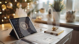 Digital tablet displaying celestial chart on white books with gold decor items and crystals