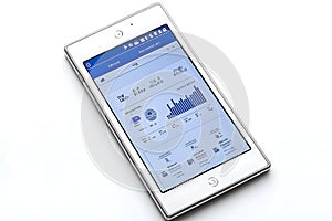 Digital tablet displaying data analytics against white background
