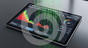 Digital tablet displaying data analytics and binary code stream, tech concept