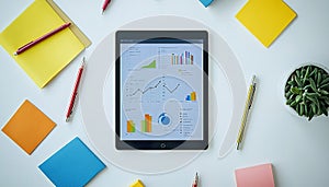 Digital tablet displaying financial charts and graphs on white surface