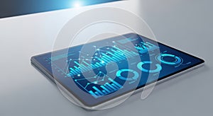Digital Tablet Displaying Futuristic Financial Data and Analytics