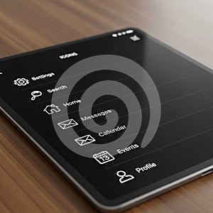 A digital tablet displaying a user interface with menu options. The black screen feature