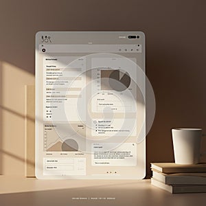 A digital tablet displaying a user interface with various data analytics elements is
