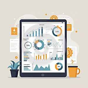 A digital tablet displaying various data visualizations, including bar charts, pie charts,