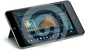 Digital tablet with data analysis interface isolated on white background