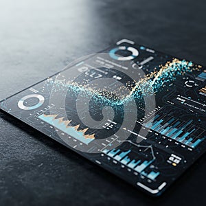 A digital tablet displays a high-tech data dashboard, featuring various graphs, charts,