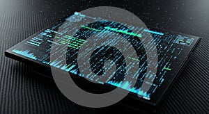 A digital tablet with a futuristic interface displays streams of glowing data and