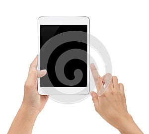Digital tablet in hand on white background with